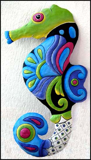 Hand painted seahorse wall hanging - Tropical metal garden art - Handcrafted in Haiti from recycled steel drums